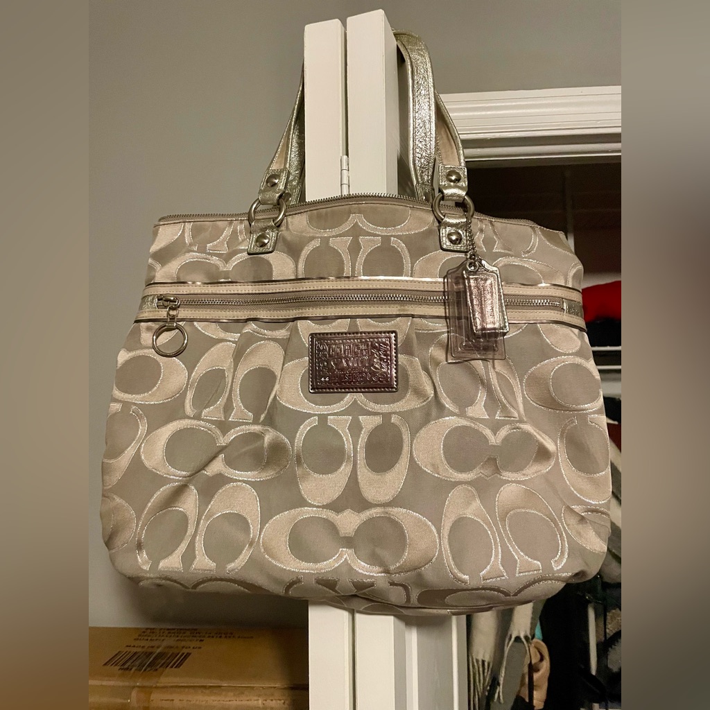 Coach Cream Tote Bag With Signature Monogram With Two Tags